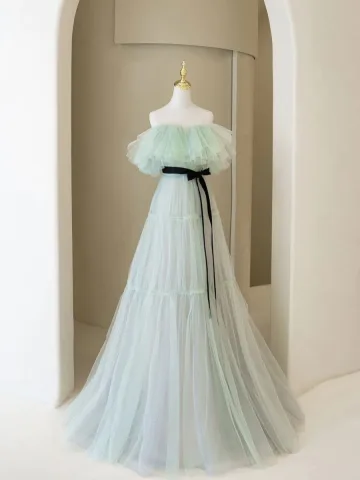 Chic Belle Vert Cendré Plissée Robe De Bal 2024 Princesse Bustier Sans Manches Dos Nu Noeud Ceinture Longue Robe De Ceremonie