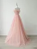Lovely Blushing Pink Beading Lace Flower Prom Dresses 2024 A-Line / Princess Off-The-Shoulder Short Sleeve Backless Floor-Length / Long Formal Dresses