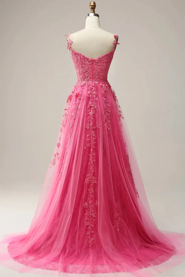 Sexy Fushia En Dentelle Fleur Fendue devant Robe De Bal 2024 Princesse Bretelles Spaghetti Sans Manches Dos Nu Longue Robe De Ceremonie