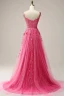 Sexy Fushia En Dentelle Fleur Fendue devant Robe De Bal 2024 Princesse Bretelles Spaghetti Sans Manches Dos Nu Longue Robe De Ceremonie