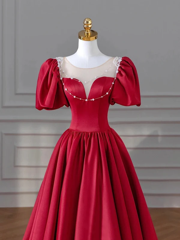 Elegant Burgundy Pearl Satin Prom Dresses 2024 A-Line / Princess Scoop Neck Puffy Short Sleeve Backless Floor-Length / Long Prom Formal Dresses
