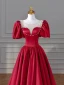 Elegant Burgundy Pearl Satin Prom Dresses 2024 A-Line / Princess Scoop Neck Puffy Short Sleeve Backless Floor-Length / Long Prom Formal Dresses