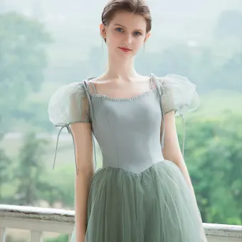 Vintage Prinses Saliegroen Galajurken 2021 Vierkante Halslijn Gekruiste Bandjes Lange Gezwollen Tule Korte Mouwen Gelegenheids Jurken