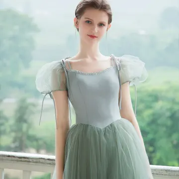 Vintage Prinses Saliegroen Galajurken 2021 Vierkante Halslijn Gekruiste Bandjes Lange Gezwollen Tule Korte Mouwen Gelegenheids Jurken