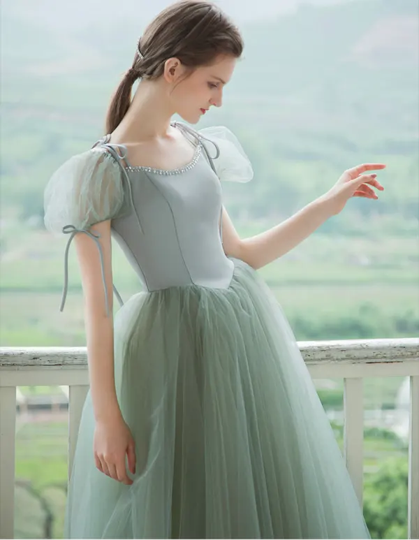 Vintage Prinzessin Salbeigrün Ballkleider 2021 Eckiger Ausschnitt Gekreuzte Träger Lange Geschwollenes Tülle Kurze Ärmel Festliche Kleider