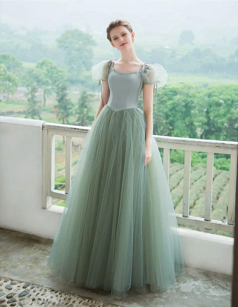 open lace back dress Puffy Sleeves Prom Dresses Tulle Ruffles main image 1