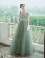 Vintage Prinzessin Salbeigrün Ballkleider 2021 Eckiger Ausschnitt Gekreuzte Träger Lange Geschwollenes Tülle Kurze Ärmel Festliche Kleider