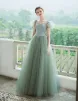 Vintage / Retro Princess Sage Green Prom Dresses 2021 Square Neckline Crossed Straps Floor-Length / Long Puffy Tulle Short Sleeve Formal Dresses