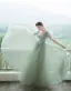 Vintage Prinzessin Salbeigrün Ballkleider 2021 Eckiger Ausschnitt Gekreuzte Träger Lange Geschwollenes Tülle Kurze Ärmel Festliche Kleider