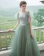 Vintage Prinzessin Salbeigrün Ballkleider 2021 Eckiger Ausschnitt Gekreuzte Träger Lange Geschwollenes Tülle Kurze Ärmel Festliche Kleider