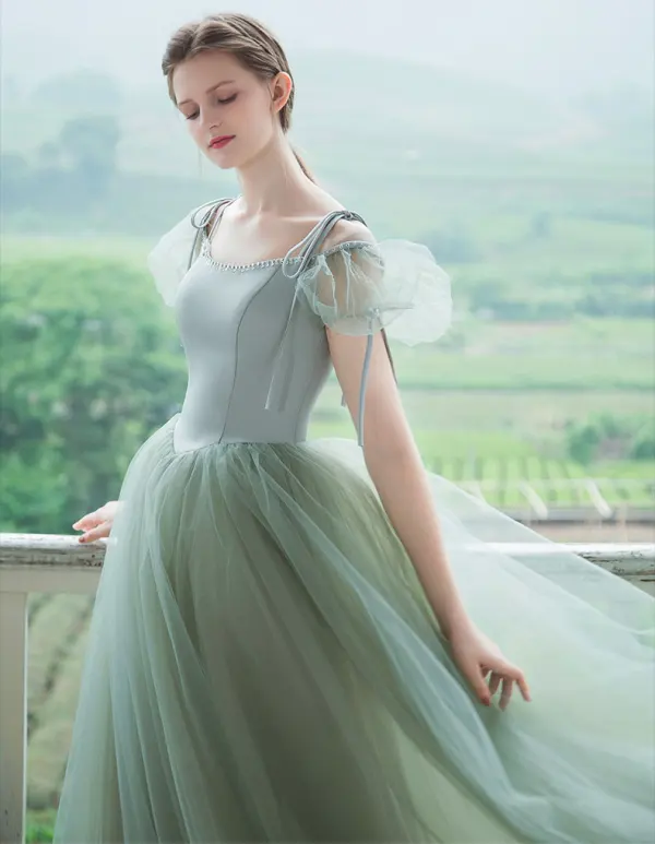 Vintage Prinzessin Salbeigrün Ballkleider 2021 Eckiger Ausschnitt Gekreuzte Träger Lange Geschwollenes Tülle Kurze Ärmel Festliche Kleider