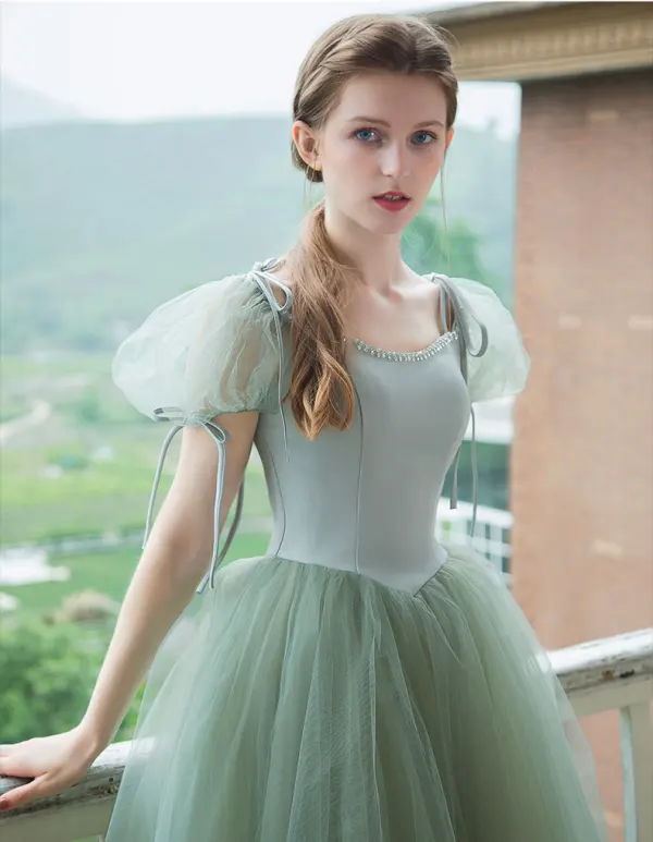 Vintage Prinzessin Salbeigrün Ballkleider 2021 Eckiger Ausschnitt Gekreuzte Träger Lange Geschwollenes Tülle Kurze Ärmel Festliche Kleider