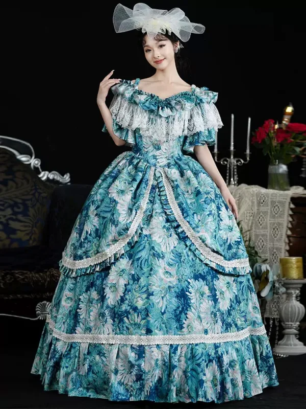 Vintage / Retro Medieval Ocean Blue Flower Prom Dresses 2024 Tassel Printing Floor-Length / Long U-Neck Cosplay A-Line / Princess Short Sleeve Ball Gown Prom Formal Dresses