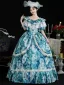 Vintage / Retro Medieval Ocean Blue Flower Prom Dresses 2024 Tassel Printing Floor-Length / Long U-Neck Cosplay A-Line / Princess Short Sleeve Ball Gown Prom Formal Dresses