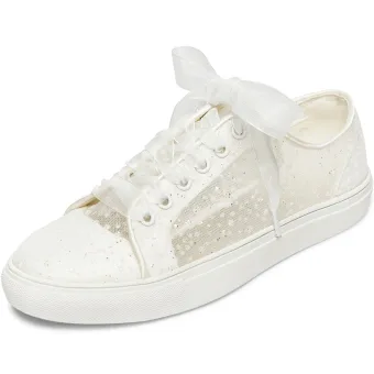 Comfortable Ivory Bridal Sequins See Through Wedding Shoes Sneakers 2022 Tulle Lace Up Flat Round Toe Womens Shoes
