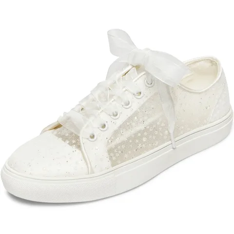 Bequemes Ivory / Creme Hochzeits Pailletten Durchsichtige Brautschuhe Turnschuhe 2022 Tülle Schnüren Flache Runde Zeh Damen schuhe
