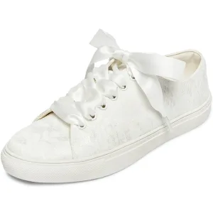 Bekväm Elfenben Brud Paljetter Spets Blomma Brudskor Sneakers 2022 Snörning Platt Pande Zote Toe Damskor