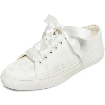 Comfortable Ivory Bridal Sequins Lace Flower Wedding Shoes Sneakers 2022 Lace Up Flat Round Toe Womens Shoes