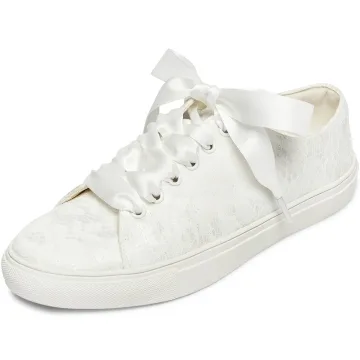 Bekväm Elfenben Brud Paljetter Spets Blomma Brudskor Sneakers 2022 Snörning Platt Pande Zote Toe Damskor