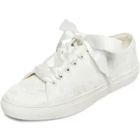 Confortable Ivoire La Mariée Paillettes En Dentelle Fleur Chaussure De Mariée Baskets 2022 Lacer Plate À Bout Rond Chaussures Femmes