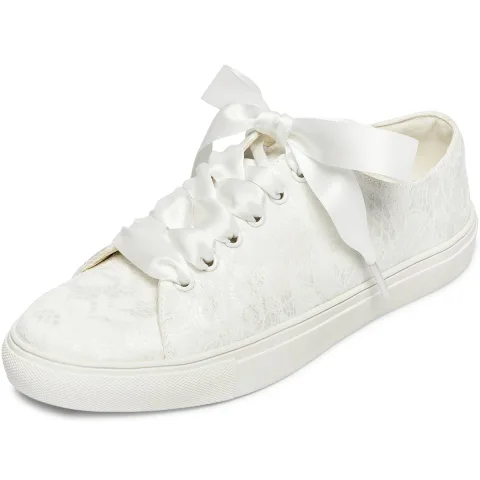 Bequemes Ivory / Creme Hochzeits Pailletten Spitze Blumen Brautschuhe Turnschuhe 2022 Schnüren Flache Runde Zeh Damen schuhe