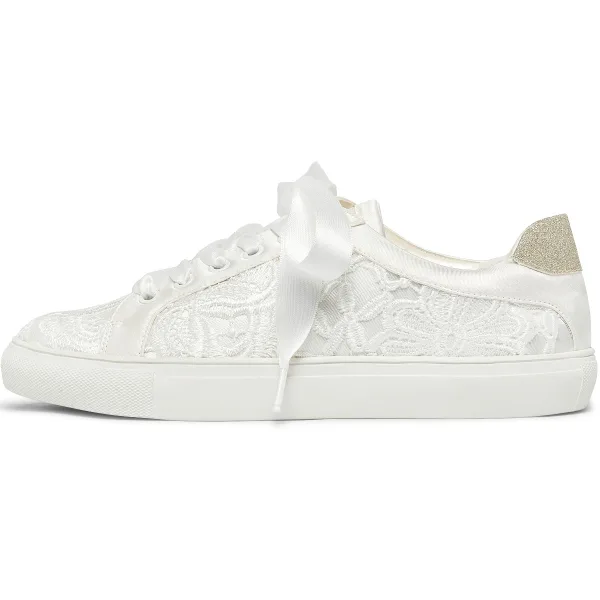 Bekväm Elfenben Brud Satin Spets Blomma Paljetter Brudskor Sneakers 2022 Snörning Pande Zote Toe Platt Damskor