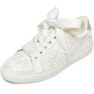 Bekväm Elfenben Brud Satin Spets Blomma Paljetter Brudskor Sneakers 2022 Snörning Pande Zote Toe Platt Damskor