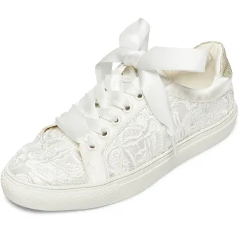Comfortable Ivory Bridal Satin Lace Flower Sequins Wedding Shoes Sneakers 2022 Lace Up Round Toe Flat Womens Shoes