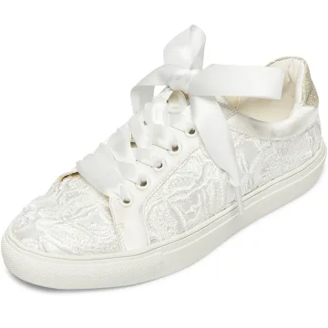 Bekväm Elfenben Brud Satin Spets Blomma Paljetter Brudskor Sneakers 2022 Snörning Pande Zote Toe Platt Damskor