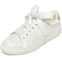 Confortable Ivoire La Mariée Satin Dentelle Fleur Paillettes Chaussure De Mariée Baskets 2022 Lacer À Bout Rond Plate Chaussures Femmes