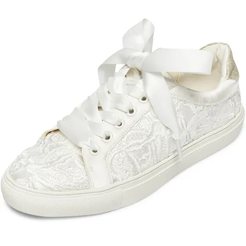 Bequemes Ivory / Creme Hochzeits Satin Spitze Blumen Pailletten Brautschuhe Turnschuhe 2022 Schnüren Runde Zeh Flache Damen schuhe