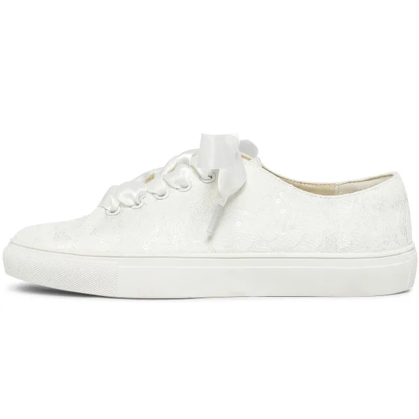 Bekväm Elfenben Brud Paljetter Spets Blomma Brudskor Sneakers 2022 Snörning Platt Pande Zote Toe Damskor