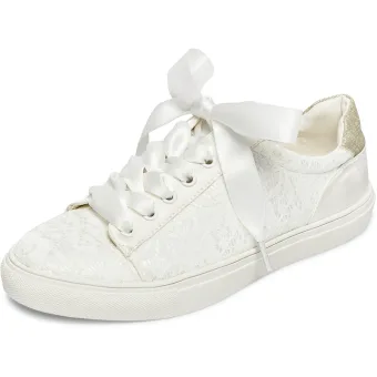 Comfortable Ivory Bridal Lace Sequins Wedding Shoes Sneakers 2022 Lace Up Flat Round Toe Womens Shoes