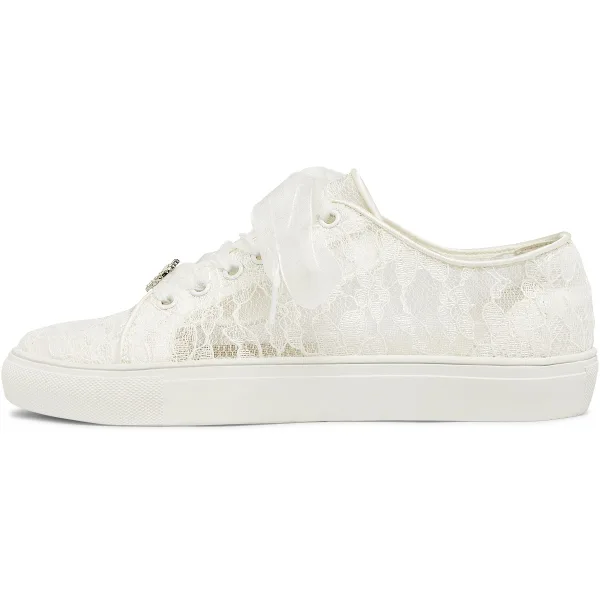 Bekväm Elfenben Brud HJÄRTFORMIG Rhinestone Genomskinliga Spets Brudskor Sneakers 2022 Snörning Platt Pande Zote Toe Damskor