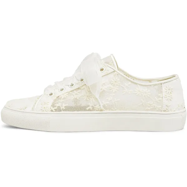 Bekväm Elfenben Brud 3D Spets Blomma Genomskinliga Brudskor Sneakers 2022 Tyll Snörning Platt Pande Zote Toe Damskor
