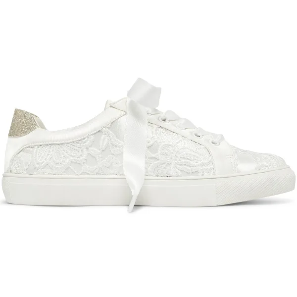 Bekväm Elfenben Brud Satin Spets Blomma Paljetter Brudskor Sneakers 2022 Snörning Pande Zote Toe Platt Damskor
