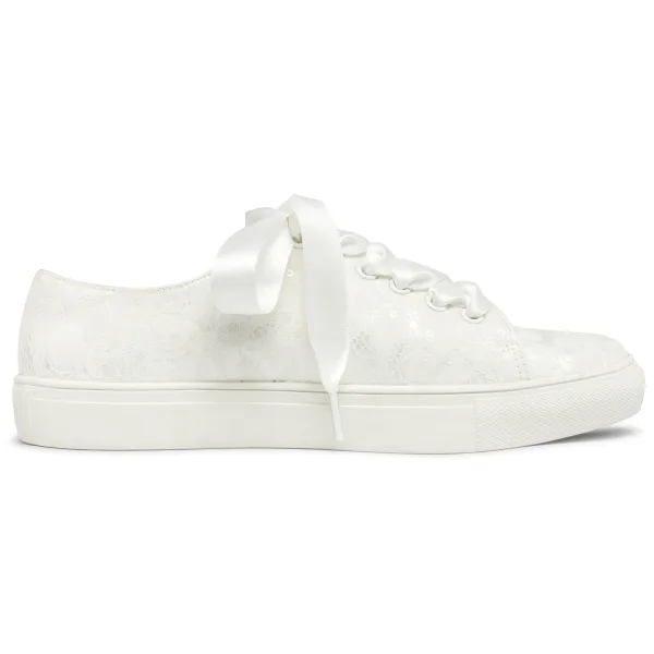 Bekväm Elfenben Brud Paljetter Spets Blomma Brudskor Sneakers 2022 Snörning Platt Pande Zote Toe Damskor
