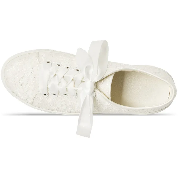 Confortable La Mariée Dentelle Chaussure De Mariée Baskets 2022 Lacer Plate À Bout Rond Chaussures Femmes