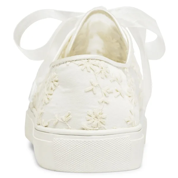 Bekväm Elfenben Brud 3D Spets Blomma Genomskinliga Brudskor Sneakers 2022 Tyll Snörning Platt Pande Zote Toe Damskor