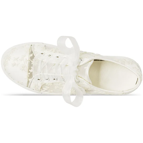 Bekväm Elfenben Brud 3D Spets Blomma Genomskinliga Brudskor Sneakers 2022 Tyll Snörning Platt Pande Zote Toe Damskor
