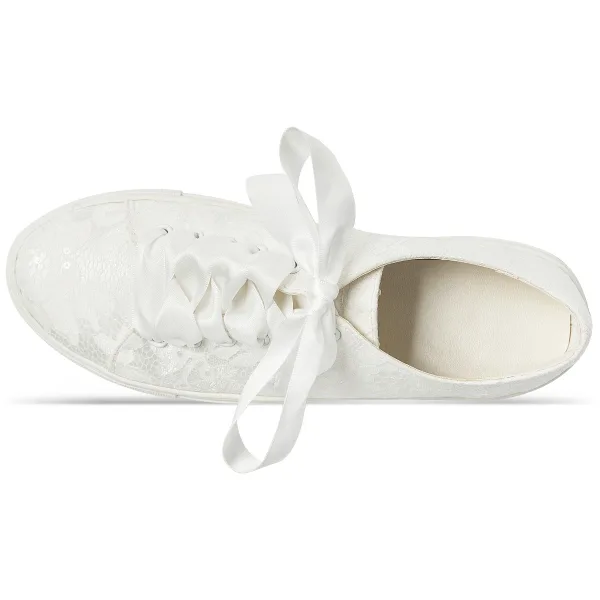 Bekväm Elfenben Brud Paljetter Spets Blomma Brudskor Sneakers 2022 Snörning Platt Pande Zote Toe Damskor
