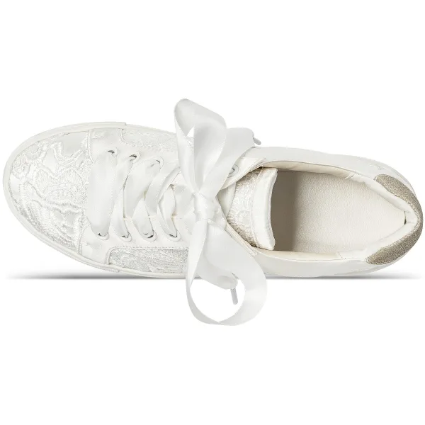 Bekväm Elfenben Brud Satin Spets Blomma Paljetter Brudskor Sneakers 2022 Snörning Pande Zote Toe Platt Damskor