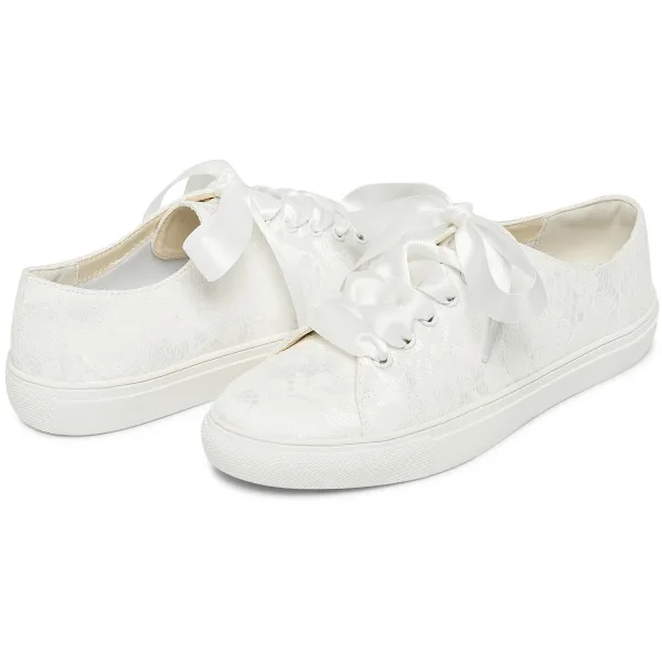 Bekväm Elfenben Brud Paljetter Spets Blomma Brudskor Sneakers 2022 Snörning Platt Pande Zote Toe Damskor