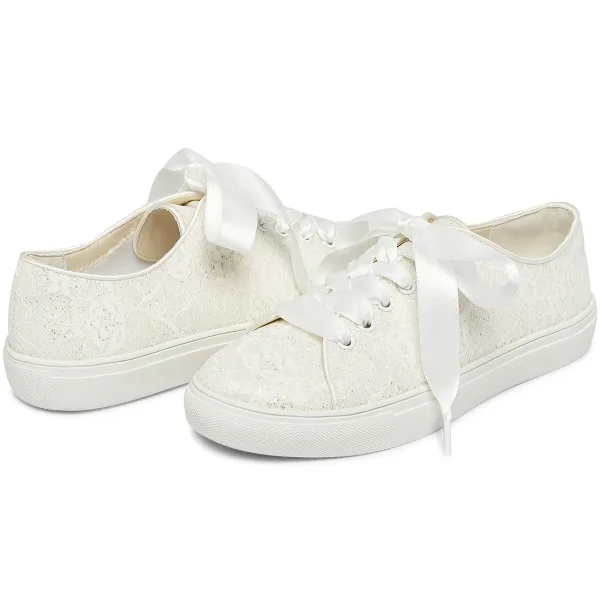 Confortable La Mariée Dentelle Chaussure De Mariée Baskets 2022 Lacer Plate À Bout Rond Chaussures Femmes