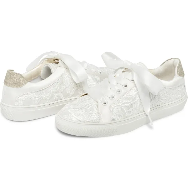 Bekväm Elfenben Brud Satin Spets Blomma Paljetter Brudskor Sneakers 2022 Snörning Pande Zote Toe Platt Damskor