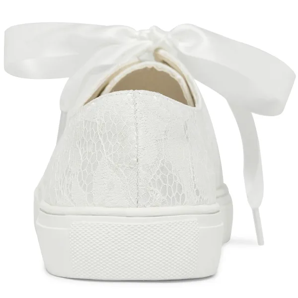 Bekväm Elfenben Brud Paljetter Spets Blomma Brudskor Sneakers 2022 Snörning Platt Pande Zote Toe Damskor