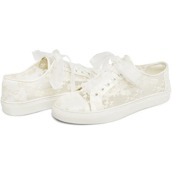 Bekväm Elfenben Brud 3D Spets Blomma Genomskinliga Brudskor Sneakers 2022 Tyll Snörning Platt Pande Zote Toe Damskor