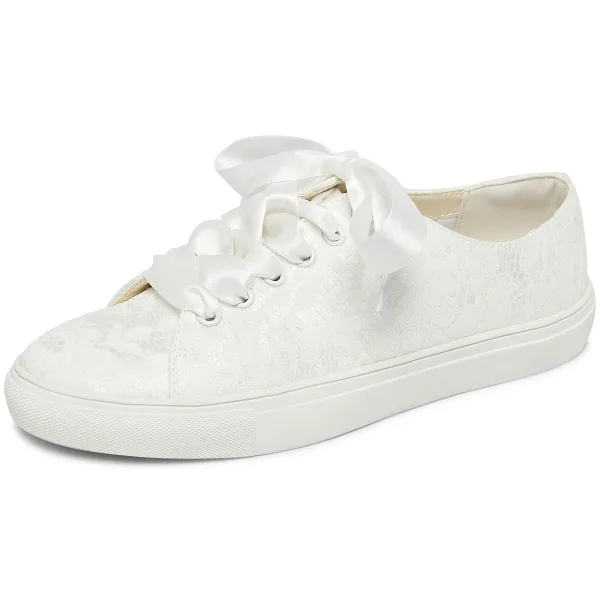 Bekväm Elfenben Brud Paljetter Spets Blomma Brudskor Sneakers 2022 Snörning Platt Pande Zote Toe Damskor