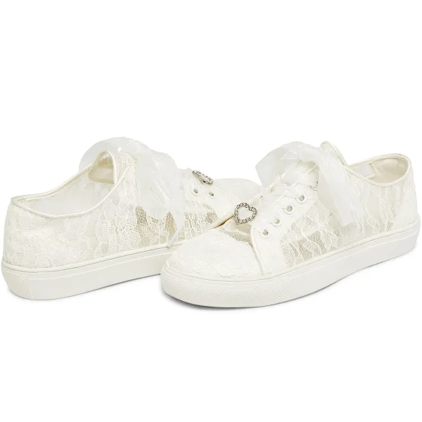 Bekväm Elfenben Brud HJÄRTFORMIG Rhinestone Genomskinliga Spets Brudskor Sneakers 2022 Snörning Platt Pande Zote Toe Damskor