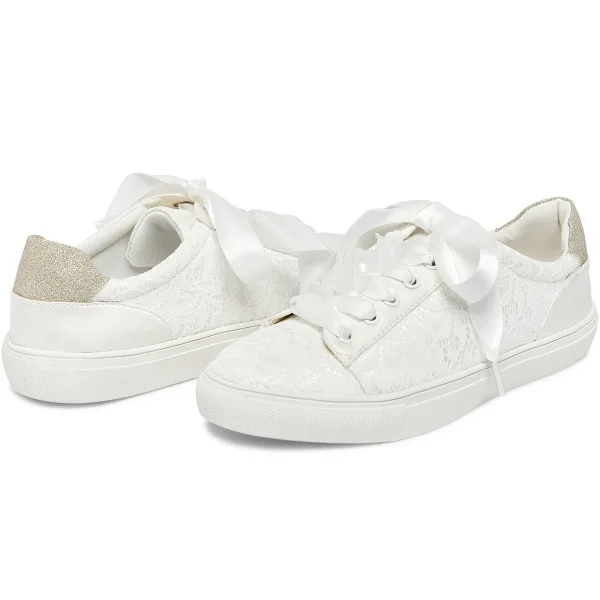 Bekväm Elfenben Brud Spets Paljetter Brudskor Sneakers 2022 Snörning Platt Pande Zote Toe Damskor